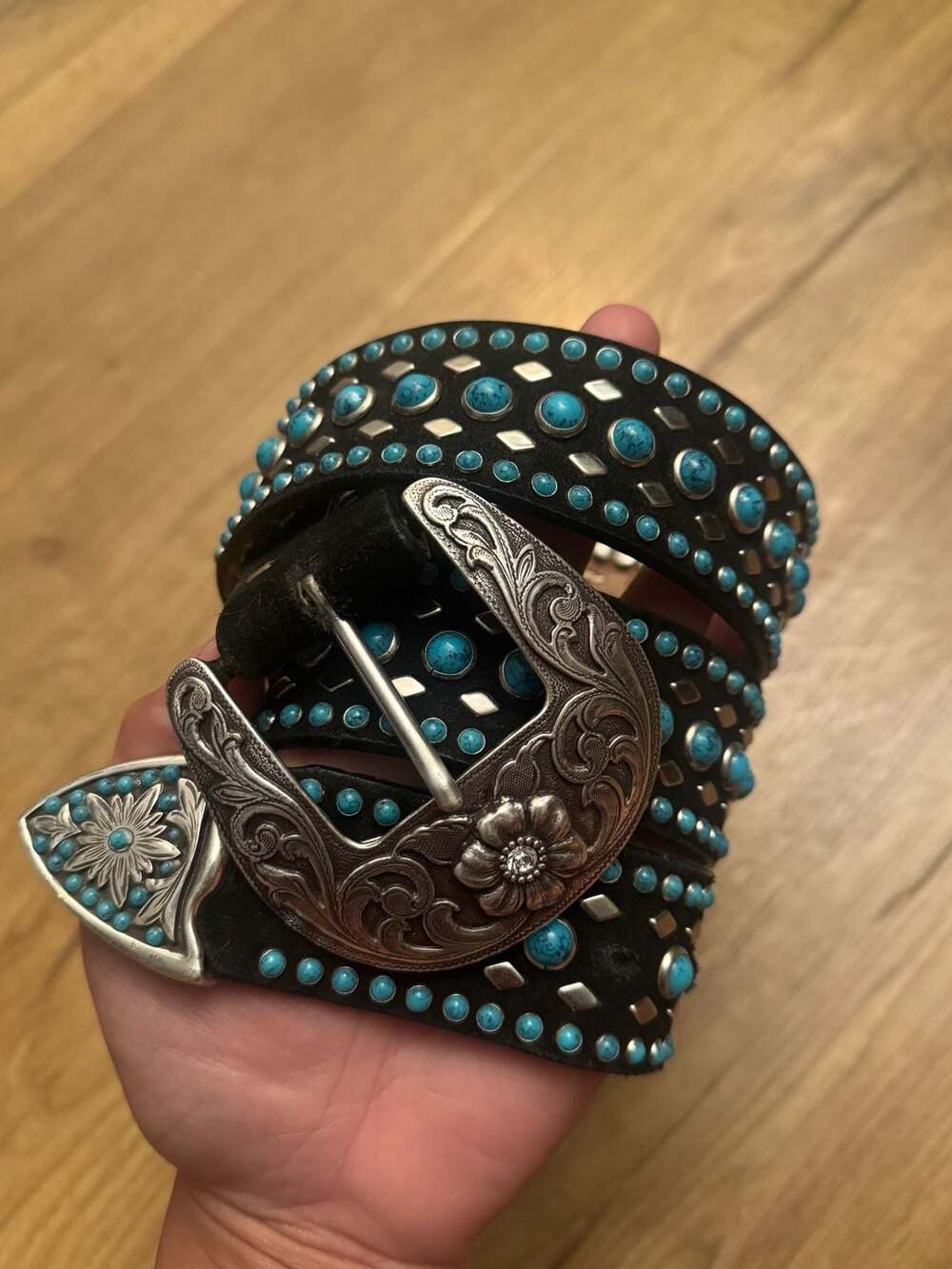 Western Style Black Leather Belt with Turquoise Inlay and Ornate Silver Floral B